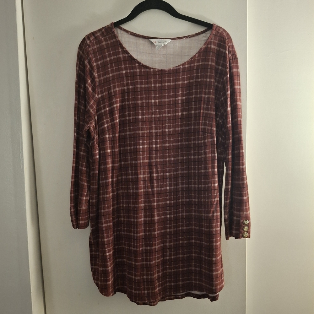 Liz Claiborne Women's Burgundy 3/4 Sleeve Plaid Tunic Top